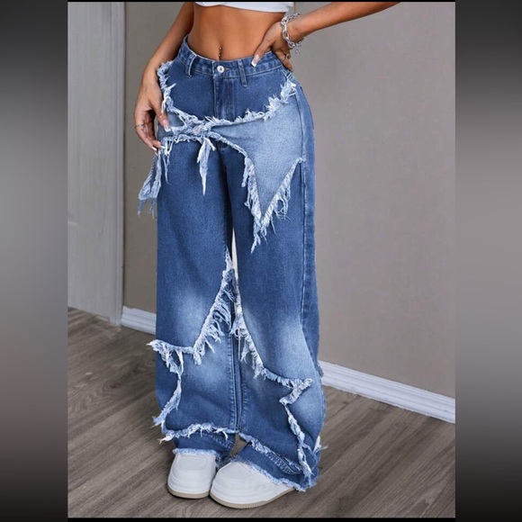 SHEIN EZwear Casual Washed Wide-Leg Baggy Jeans With Star Applique & Frayed Hem - Picture 4 of 12